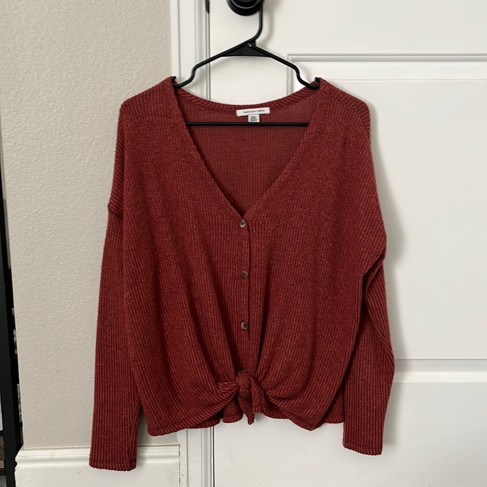 American Eagle Red Brick Front Tie Sweater
